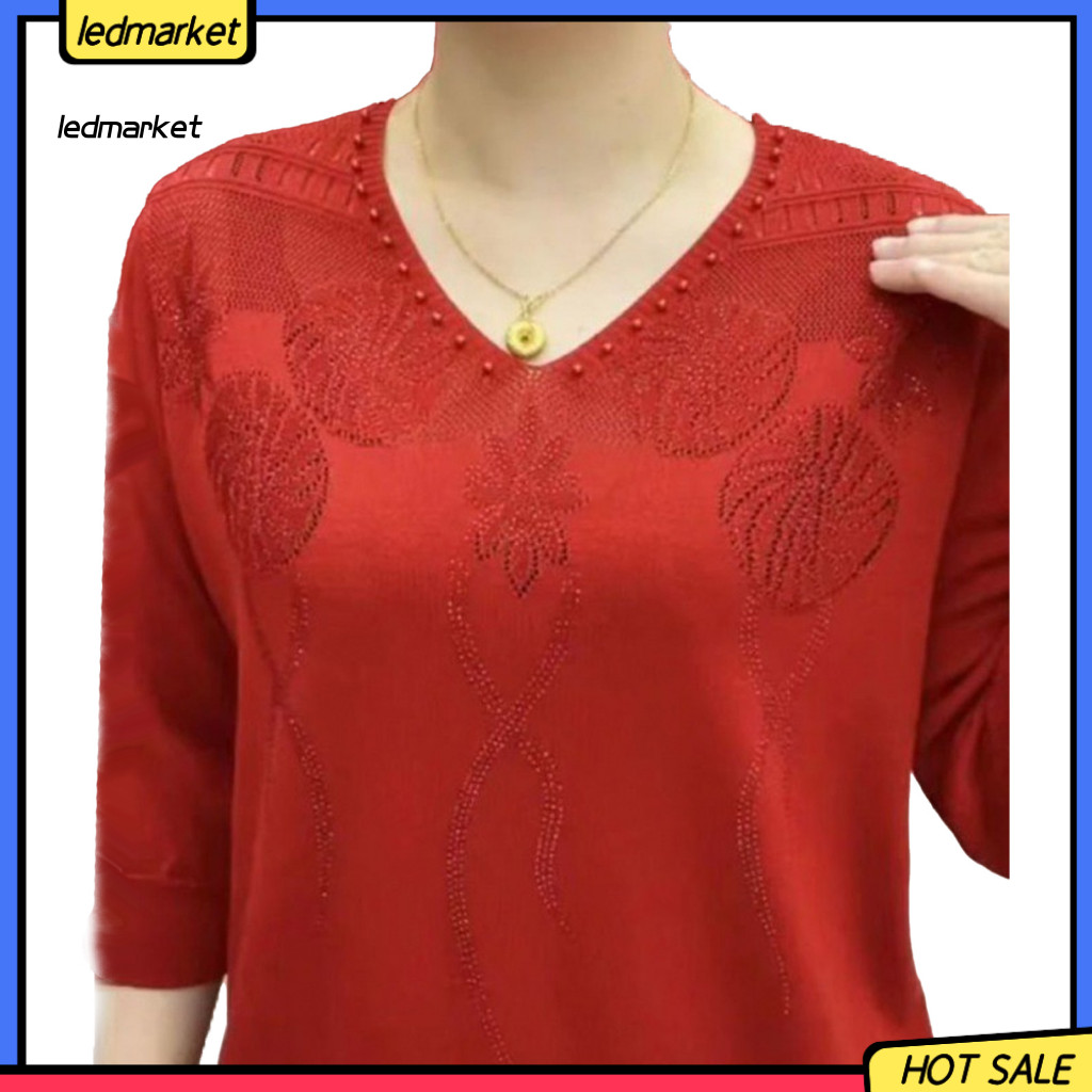 (ตลาด LED) หลวม Fit TOP V คอเสื้อกันหนาวผู้หญิงs V คอ 3/4 แขนดอกไม้ถักเสื้อสวมหัวเสื้อนุ่มยืดหยุ่น C