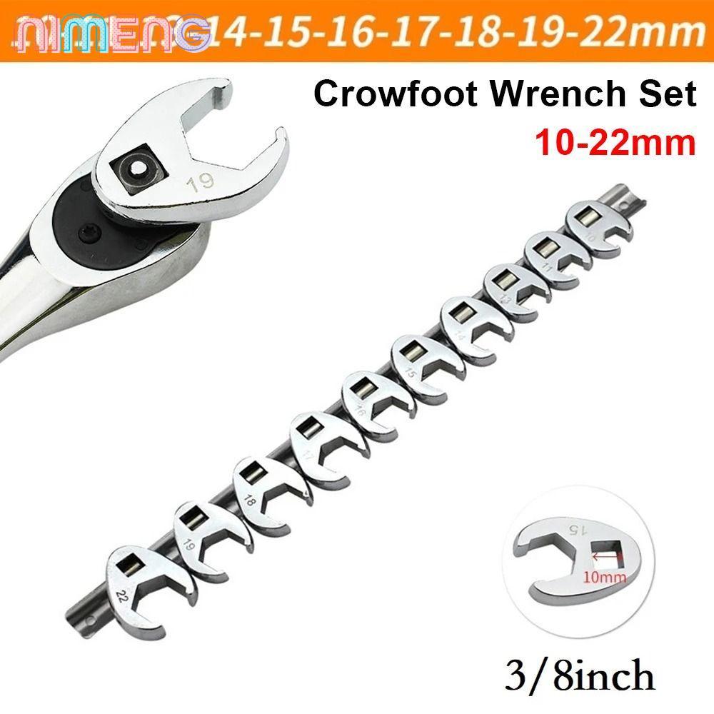 NIMENG 10 ชิ้น/เซ็ตเปิด End Spanner, เหล็กคาร์บอน 10-22 มม.ประแจ Crowfoot, 3/8 นิ้วไดรฟ์เมตริกเท้าฮอร์นประแจสําหรับแรงบิดประแจชุดคีย์