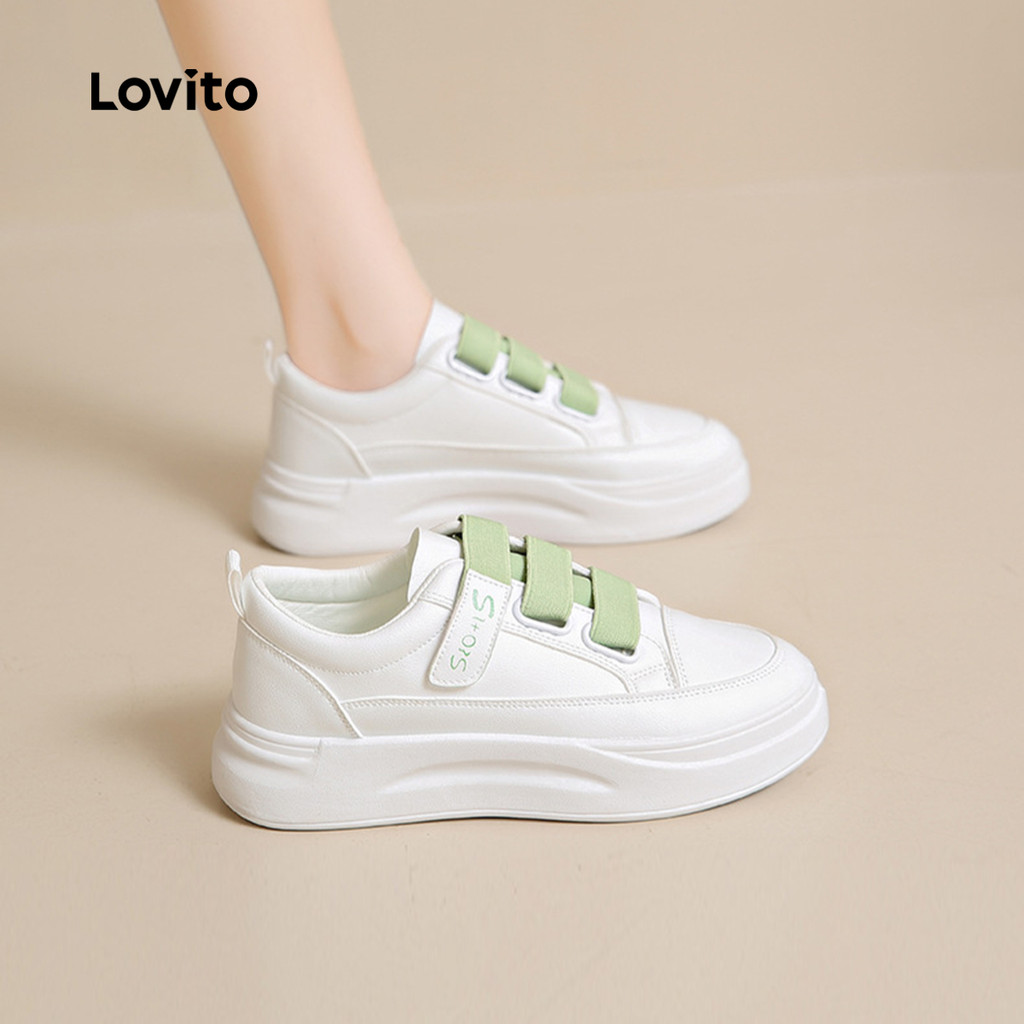 Lovito รองเท้าผ้าใบสีขาว ลําลอง สําหรับผู้หญิง สีทูโทน เขียว คลาสสิกและใส่ได้เข้ากับทุกสไตล์ LFA112067