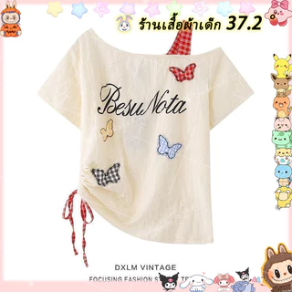 สาวใหญ่แขนสั้นเสื้อผ้า (110-170 ขนาด) สาวสไตล์อเมริกันผีเสื้อพิมพ์ไหล่เอียงแขนสั้นเสื้อยืดฤดูร้อนกลาง-เด็กใหญ่ผิดปกติสบายๆแฟชั่นด้านบน