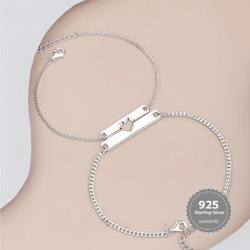 S925 Silver S925 Silver Only love สร้อยข้อมือคู่ - กําไลข้อมือเรียบสไตล์มินิมอล วันวาเลนไทน์สําหรับส