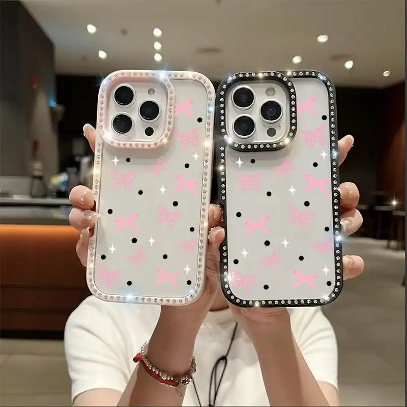สีชมพูผีเสื้อ Sparkle Diamond Glitter เคสโทรศัพท์สําหรับ iPhone 16 15 14 13 12 11 Pro Max Plus สาวผู
