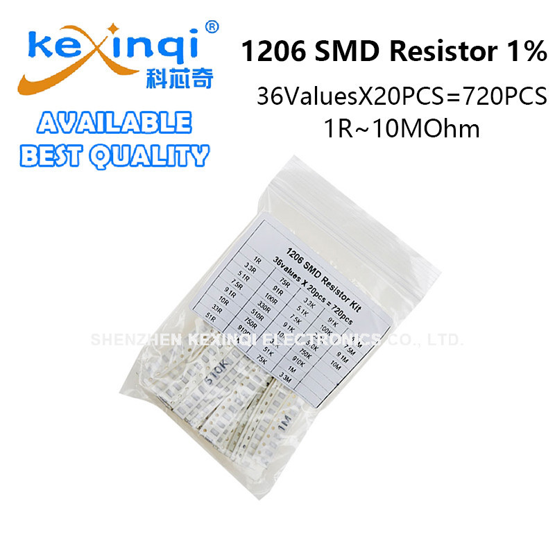 720PCS 1206 ตัวต้านทาน SMD ชุดสารพัน 36 ค่าX20PCS 10ROhm ~ 10M 1% 3.3 5.1 10 51 100 330 KR Ohm