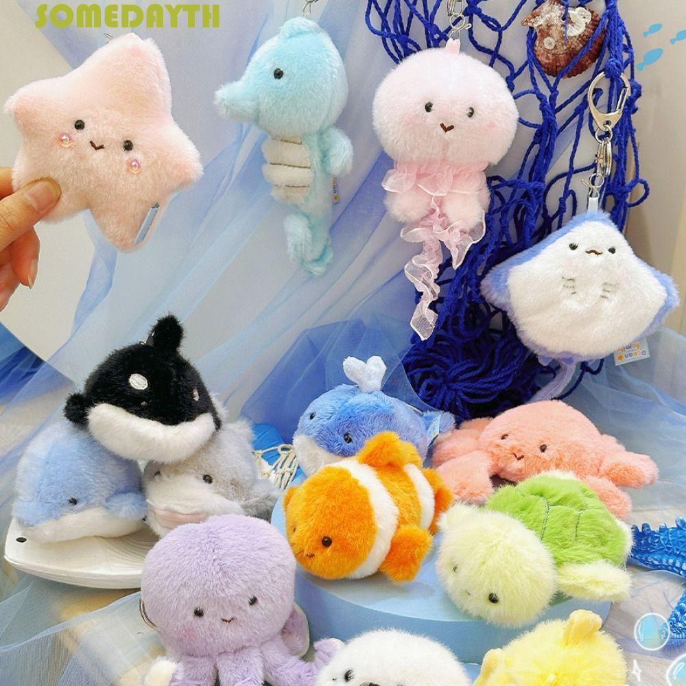 SOMEDAY Fluffy Whale พวงกุญแจ,นุ่มเต่าขนาดเล็กสัตว์ทะเลพวงกุญแจตุ๊กตา,แขวนเครื่องประดับจําลอง PP Cotton Collection กดเสียงจี้ของขวัญวันเกิด