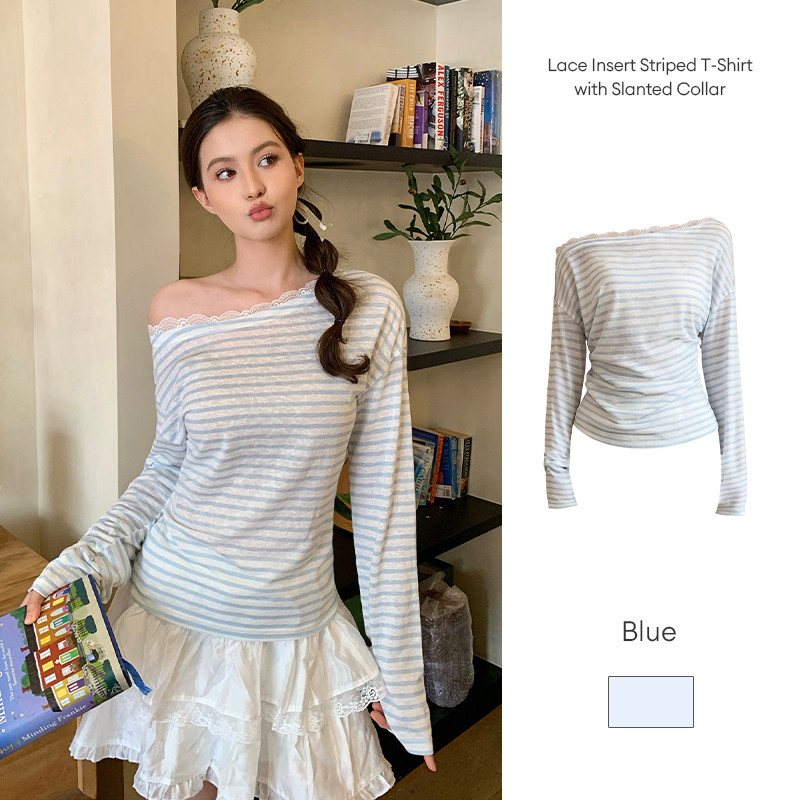 เสื้อยืดผู้หญิงทรงเข้ารูป คอปกเฉียง ตกแต่งด้วยลูกไม้ JD