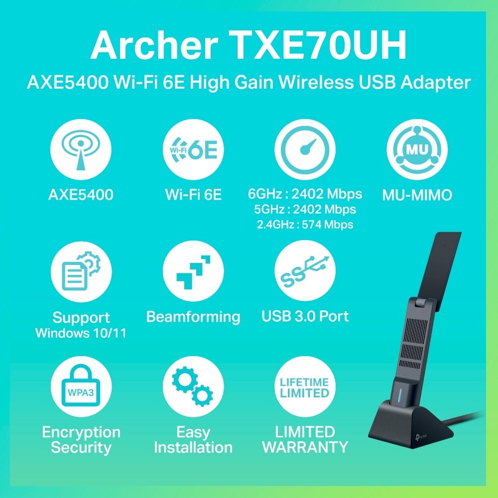 TP-LINK ARCHER TXE70UH USB 3.0 ADAPTER WI-FI 6E WIRELESS AXE5400 HIGH GAIN ประกันตลอดอายุการใช้งาน
