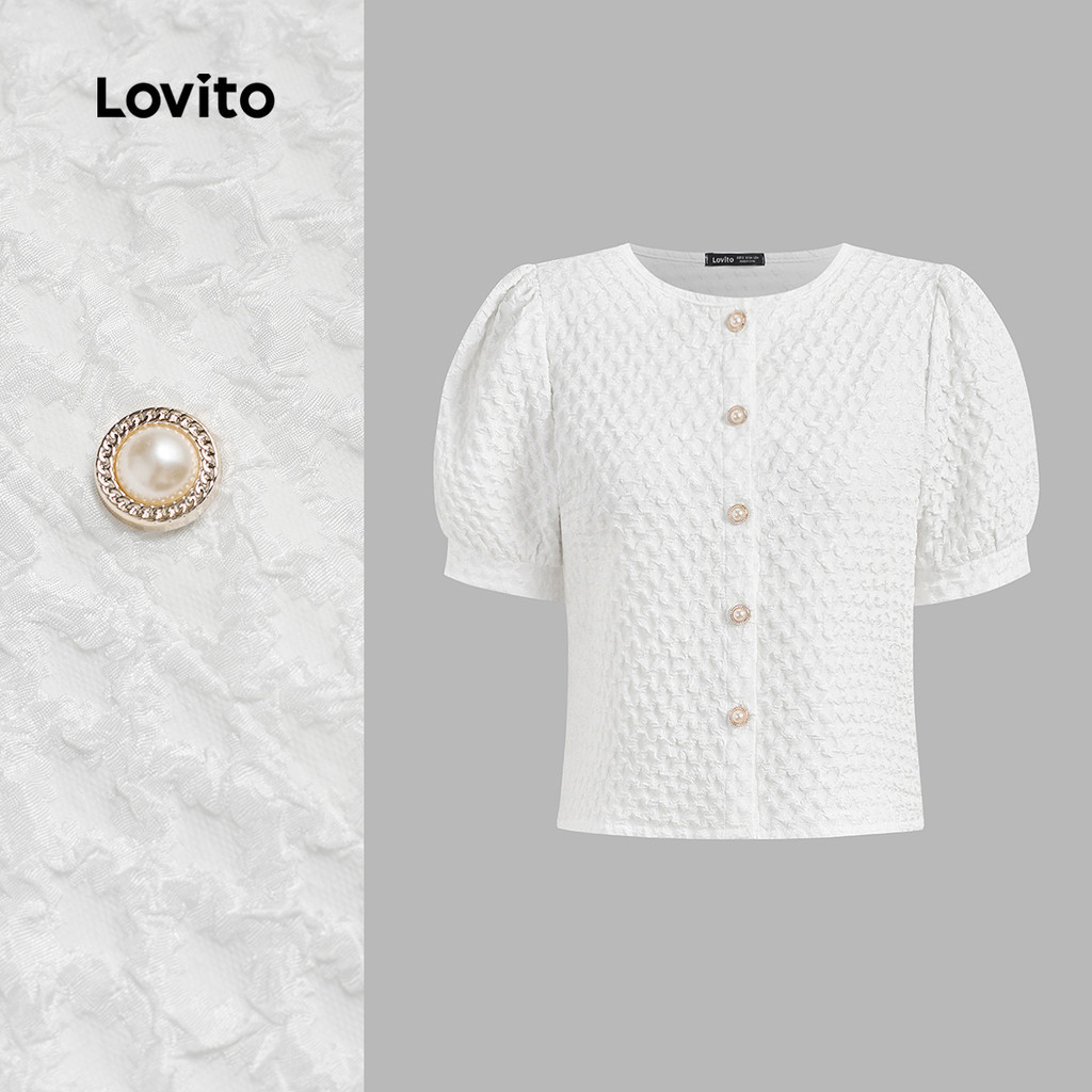 (สง่างาม) Lovito เสื้อบลอข์ดีไซน์เรียบหรู ปุ่มผ้ารูปทรง ปุ่มหน้า เสื้อผ้าสำหรับฤดูใบไม้ผลิ/ฤดูร้อน สีขาว สำหรับผู้หญิง L142ED157