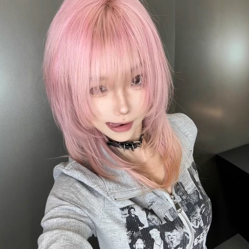 วิกผมสีชมพูสไตล์เอเชีย แบบ Qi Bangs ผมสั้นตรง แฟชั่นเต็มหมวก