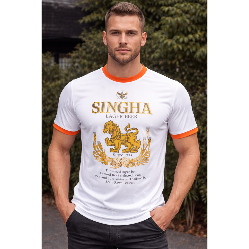 Suncolor(ซันคัลเลอร์) เสื้อยืด สีขาวคอส้ม สกรีนลายเบียร์สิงห์ ผลิตโดยใช้เนื้อผ้าไมโครโพลีเอสเตอร์