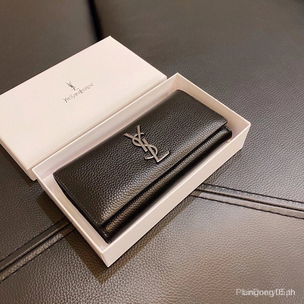Saint Laurent กระเป๋าสตางค์ผู้หญิงใบยาวหนังแท้ พร้อมซิปและที่ใส่บัตร คลัตช์หนังพีเบิลด - YSL