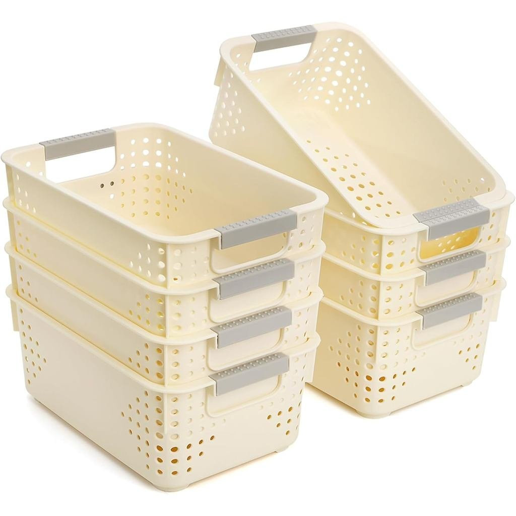 Frcctre 8 แพ็คตะกร้าเก็บพลาสติก,ขนาดเล็ก Pantry Organizer ตะกร้าถังในครัวเรือนพร้อมที่จับสําหรับตู้ค