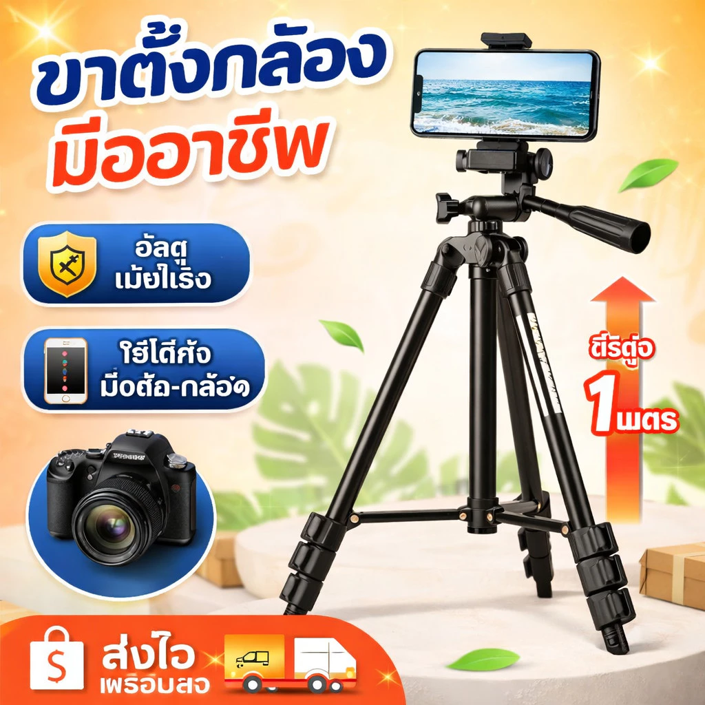 ขาตั้งมือถือ Tripod ขาตั้งกล้อง ปรับความสูงได้ 1 เมตร แถมที่หนีบมือถือ ใช้ได้กับมือถือ/กล้อง ไลฟ์สด ถ่ายวิดีโอ พกพาง่าย