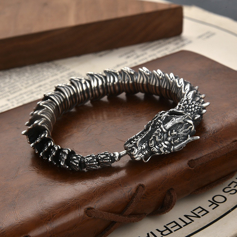 Retro Distressed Dragon Head Keel สร้อยข้อมือสามมิติ Hip-Hop Domineering ใหม่สไตล์จีนอินเทรนด์ Boy Xiaolong สร้อยข้อมือ