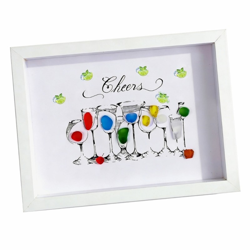 YU Handmade Sea Glass Cocktail Art กรอบตกแต่งผนังที่ไม่ซ้ํากันธรรมชาติ Sea Glass เครื่องประดับสําหรั