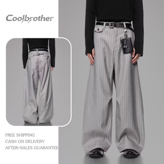 สูทลายทางสีเทาสไตล์ใหม่ มัลติฟังก์ชัน ขากว้างทรงหลวมเอวสูง อ…