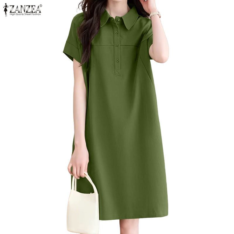 ZANZEA ผู้หญิงเกาหลี Commute Casual Turn-Down-Collar แขนสั้น Half-Button Loos H-Type Shirtdress