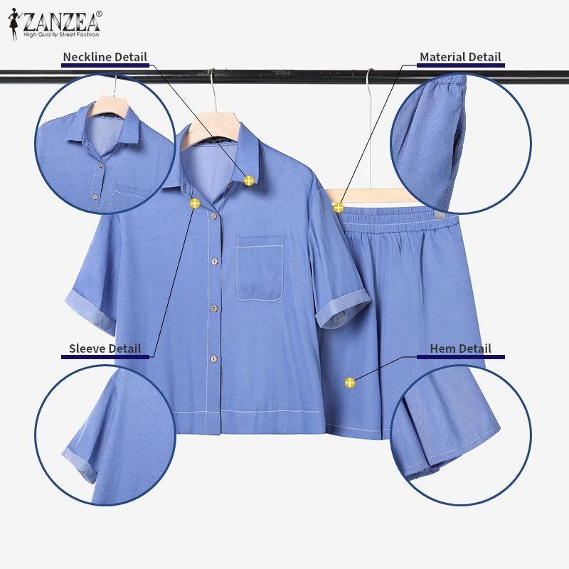 ZANZEA เสื้อเชิ้ตแขนสั้นลําลองสไตล์เกาหลีสําหรับผู้หญิงและกางเกงขาสั้นเอวยางยืดหลวมชุดสองชิ้น — صورة 7