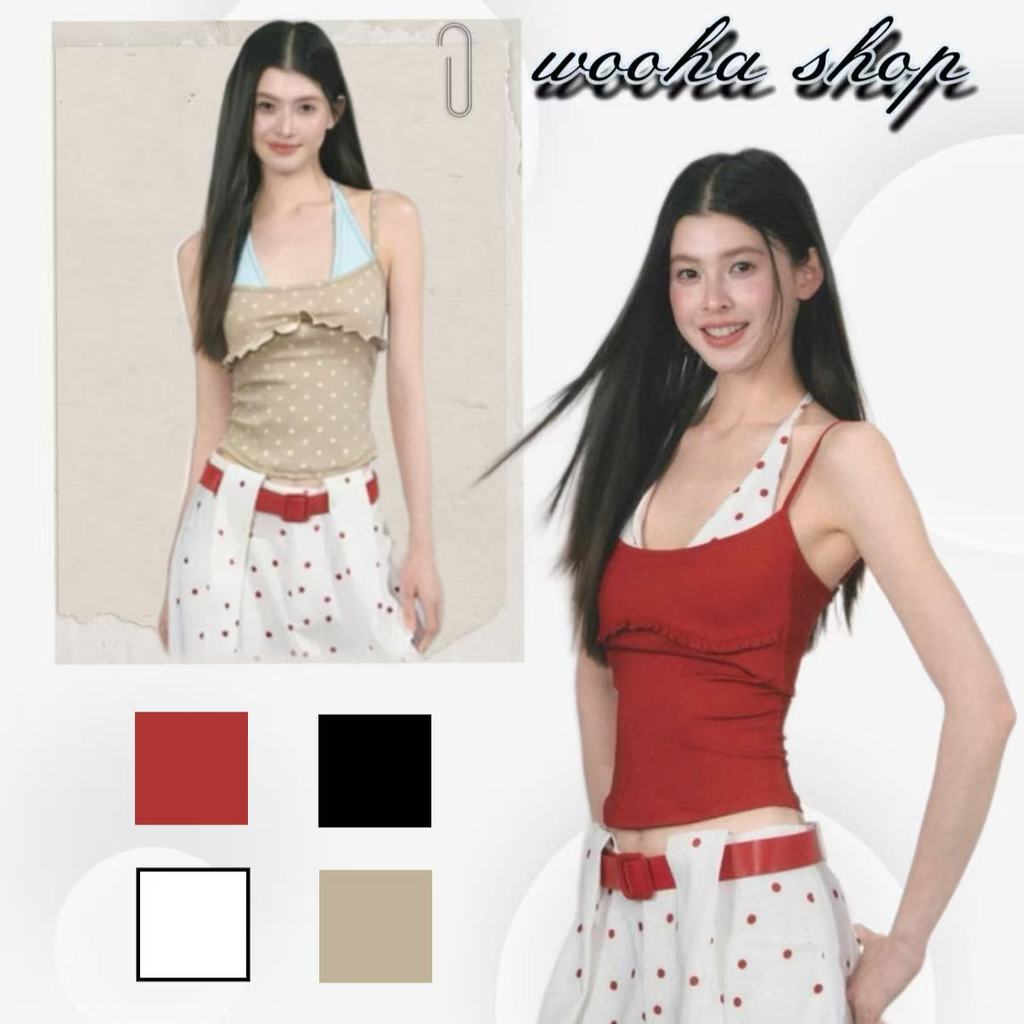 wooha shop เสื้อสายเดี่ยวสุดเซ็กซี่ เสื้อกั๊กไหมพรมสั้นเข้ารูป