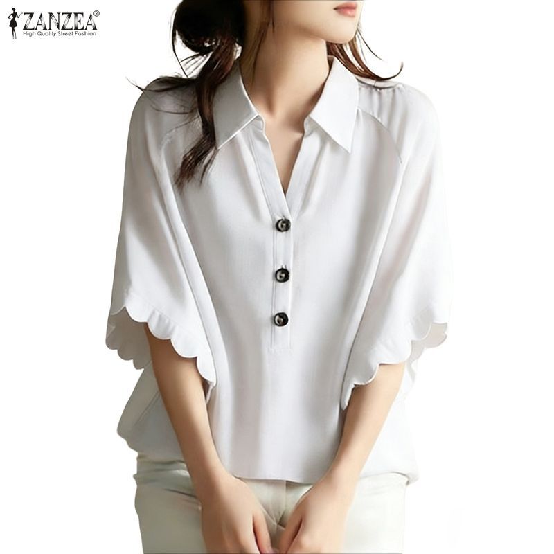 ZANZEA ผู้หญิงเกาหลีฤดูร้อนทํางาน Turn-Down-Collar Half-Button กลางแขน Wave Edge หลวม Fit เสื้อ