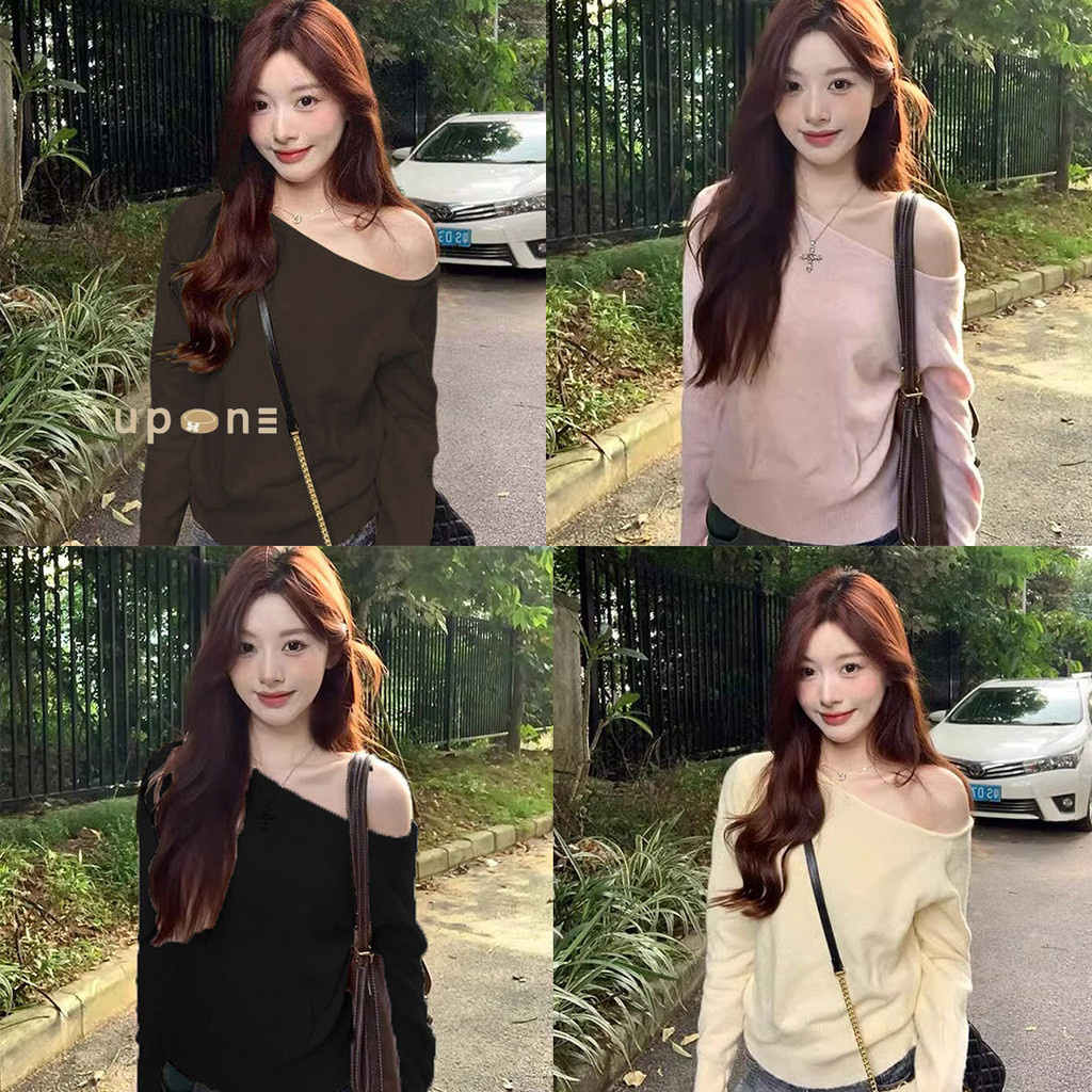 เสื้อสเวตเตอร์ไหมพรม  เสื้อคอปาด เปิดไหล่ สวมใส่ดูชิค

