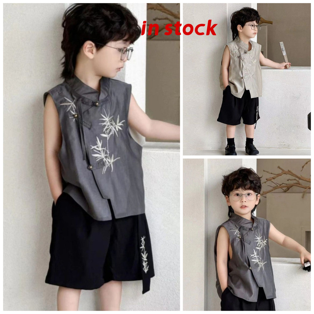 [Grojoy] ชุดHanfuสำหรับเด็กผู้ชาย ชุดสองชิ้น แขนกุดและกางเกงขาสั้น GRL668