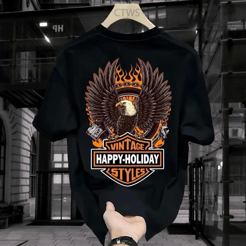 เสื้อยืด คอกลม วินเทจ สกรีนหน้าหลัง ลายนกอินทรี Holiday ผ้าคอตตอน แขนสั้น ใส่ได้ทั้งชายและหญิง สีดำ