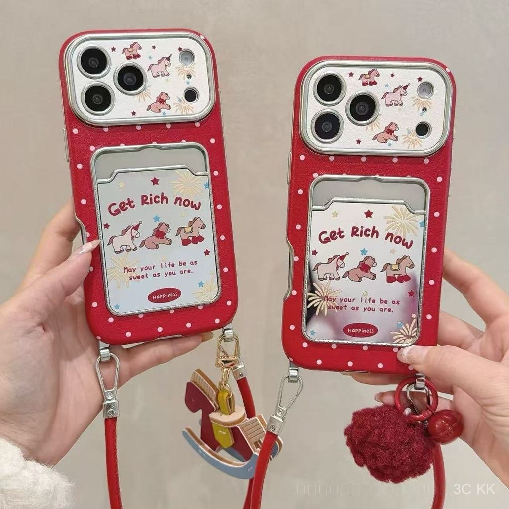 เคสซิลิโคนสีแดงลายดอกไม้ไฟและม้า พร้อมกระจกและสายคล้อง สำหรับ iPhone 17 Pro Max 16 15 14 13
