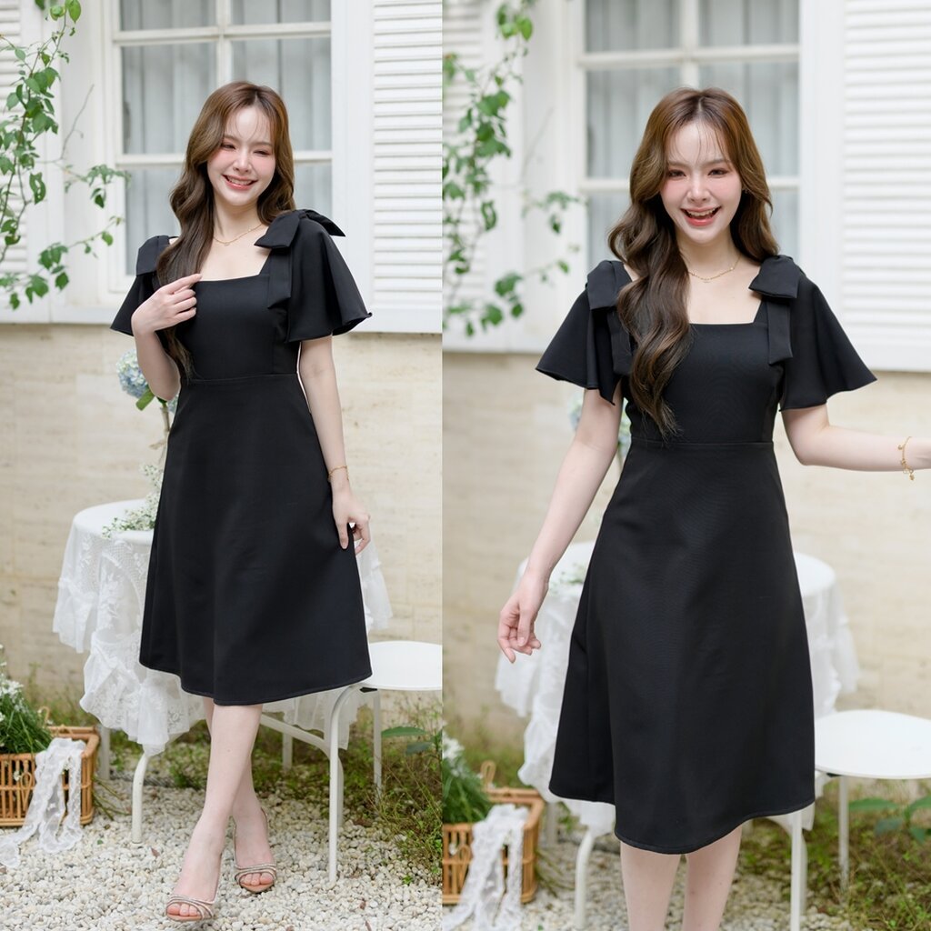 Bellette Bow Shoulder Dress : สีดำ