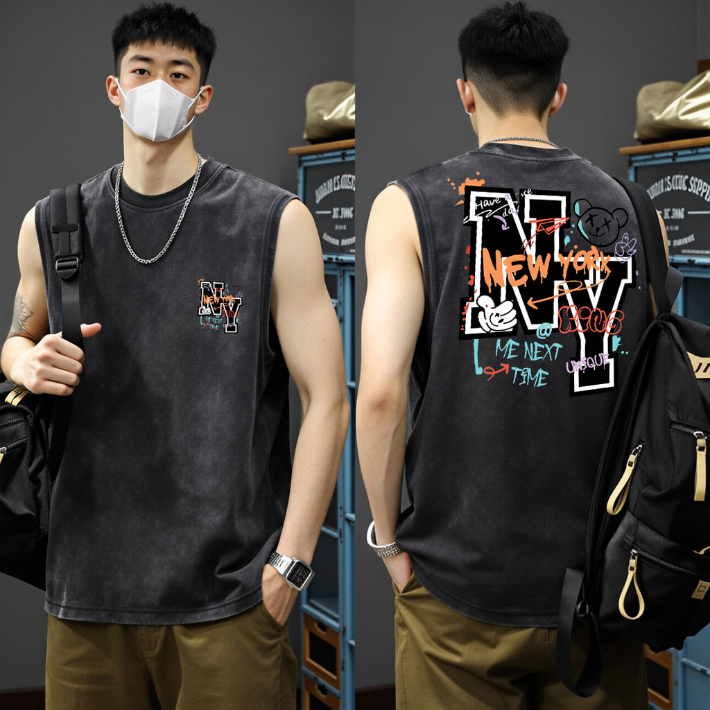UT shop แขนกุด เสื้อกีฬา oversize ผ้าCotton 100% สบายและนุ่ม หลวม เสื้อแขนกุด 'NEW YORK' 3XL