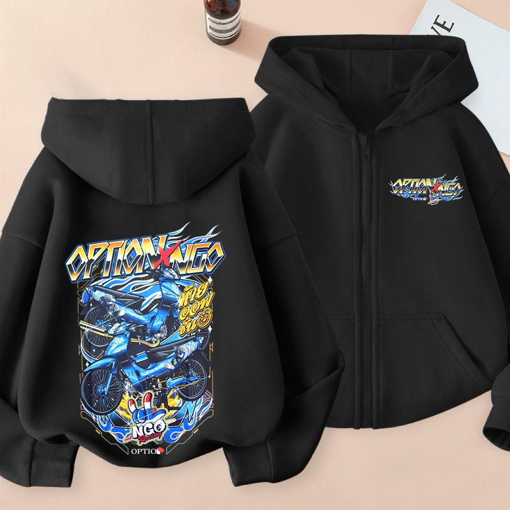 เสื้อฮู้ดมีซิปสำหรับเด็กสไตล์แข่งรถ Option x NGO ลายมอเตอร์ไซค์