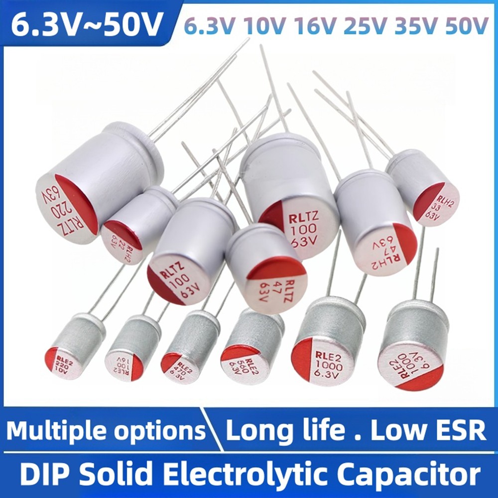 10pcs Solid Electrolytic Capacitor ต่ํา ESR DIP 6.3V 10V 16V 25V 35V 50V 100uf 220uf 330uf 470uf 560