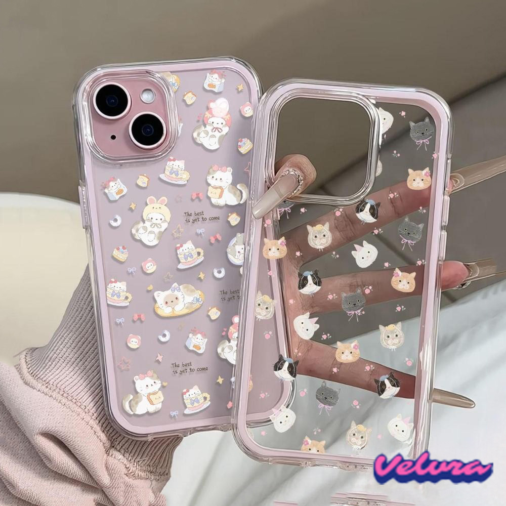 นิ่ม 2in1 สีแคนดี้ เข้ากันได้สำหรับ เคสไอโฟน11 สำหรับ iphone 16 Pro Max 7Plus XR 12 13 14 15 ลูกแมวน่ารักกับโบว์