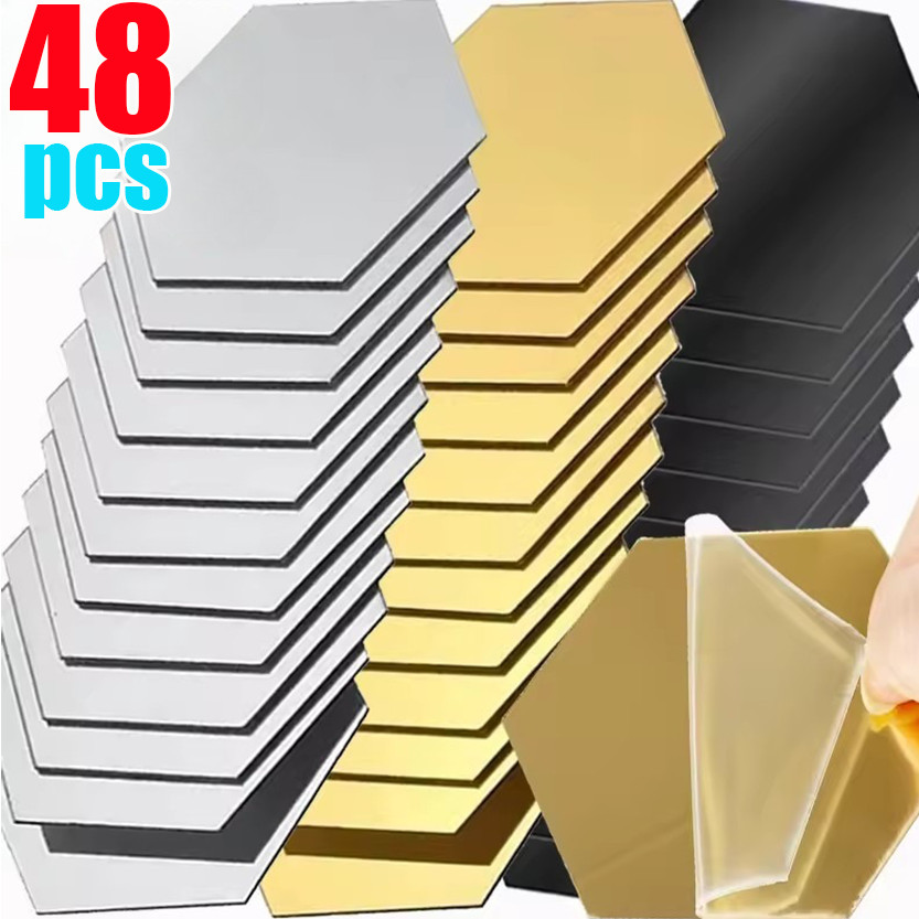 12/24/48 ชิ้น 3D หกเหลี่ยมอะคริลิคกระจกสติกเกอร์/DIY บ้านรังผึ้งTile Wall Decals