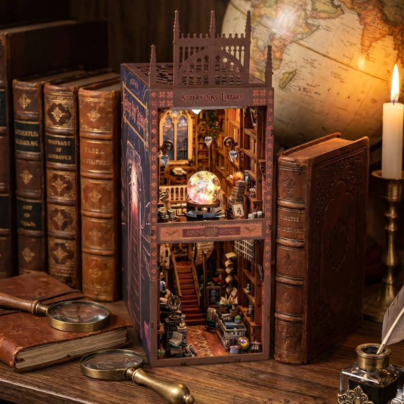 Starry Sky Library diy Hut Model House Bookend 3d สามมิติประกอบของเล่นอาคารบล็อกของขวัญไม้ให้