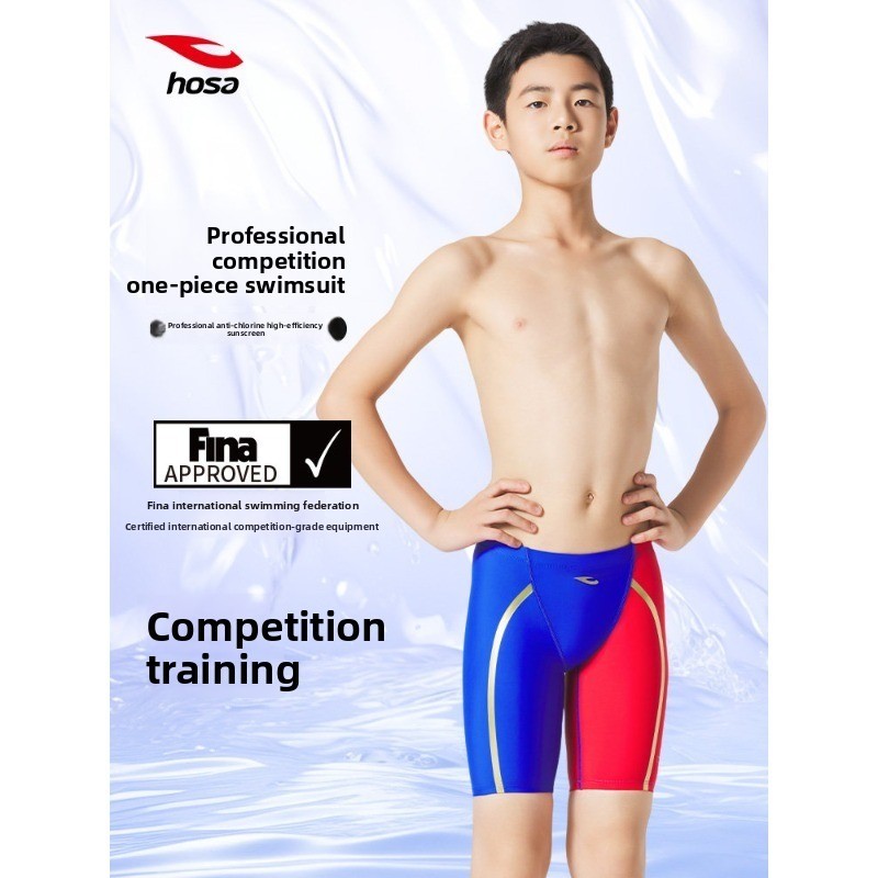 FINA กางเกงว่ายน้ําเด็กชายได้รับการอนุมัติชุดว่ายน้ําการแข่งขันแห้งเร็วที่ทนต่อคลอรีน