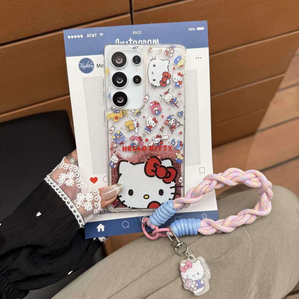 น่าสนใจ ทรายดูดของเหลว น่ารัก kitty cat เชือกมือ เคส For Samsung Galaxy S26 Ultra S26Plus S25 Ultra S25Plus S24 Ultra S24Plus S23 Ultra Case รูปแบบใหม่ นางแบบคู่รัก ป้องกันการตก อ่อนนุ่ม เคสโทรศัพท์มือถือซัมซุง