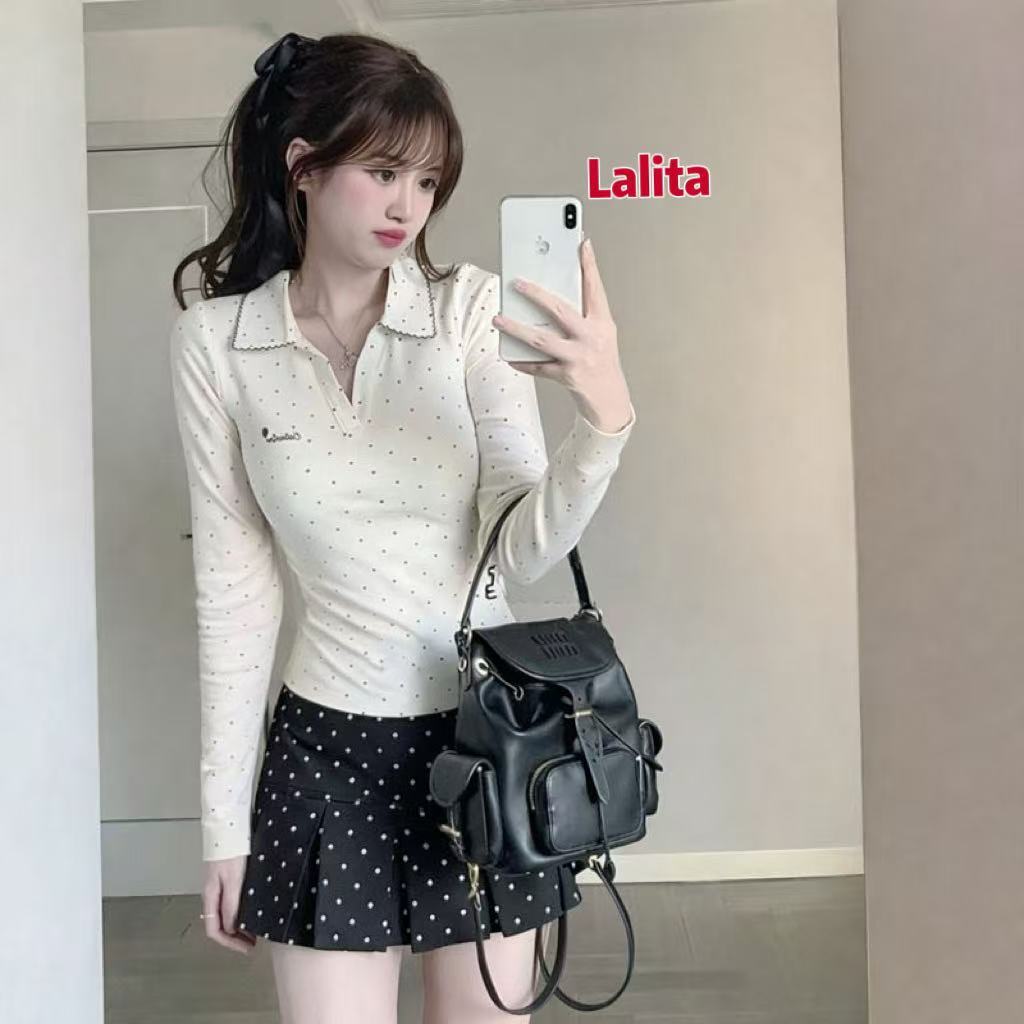 ส่งไวจากไทย เสื้อโปโลแขนยาวสำหรับผู้หญิง ลายจุดน่ารัก ปักตัวอักษรหน้าอก Lalita
