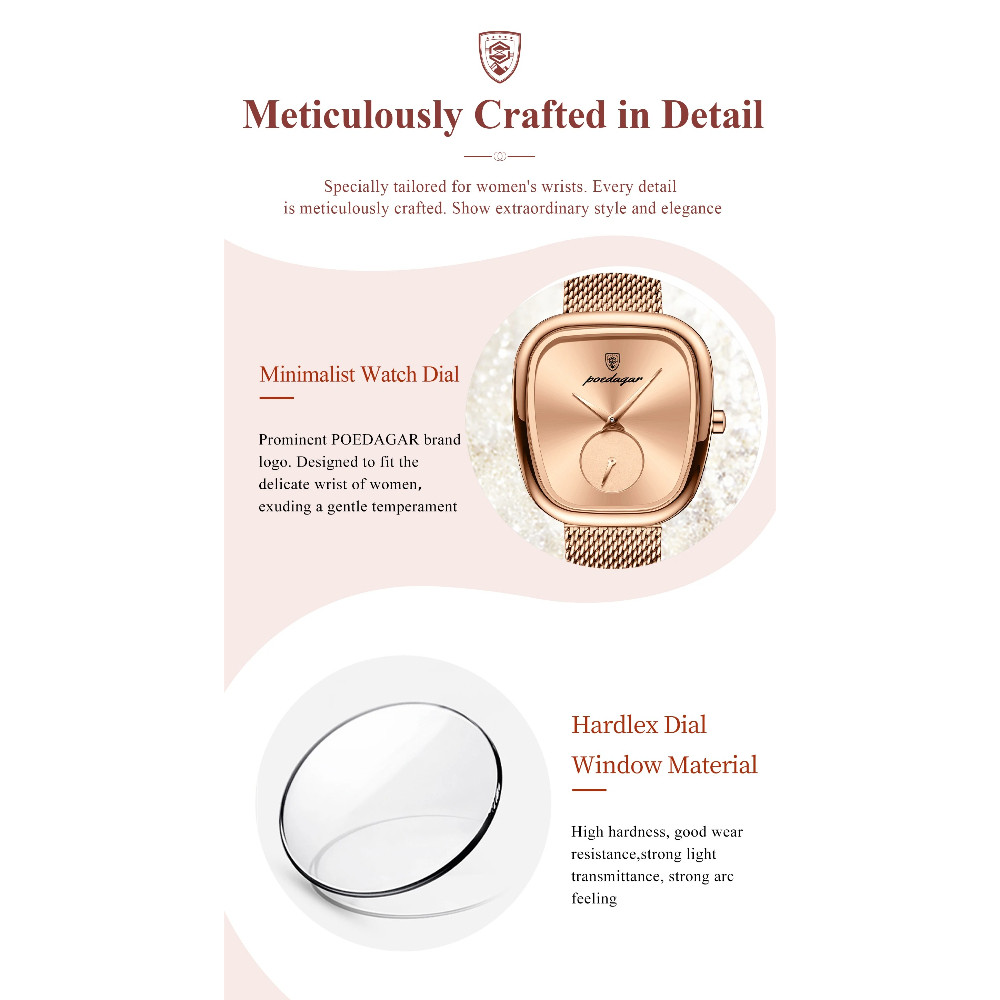 นาฬิกา โพดาการ์ ตาข่ายสแตนเลสกันน้ํา แฟชั่นและสง่างาม นาฬิกาควอตซ์ผู้หญิง - รูปที่ 4