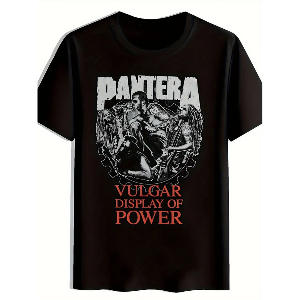 ผู้ชาย เสื้อยืดกราฟิก Pantera Vulgar Display of Power เสื้อยืดผ้าฝ้ายสไตล์เรโทรวงร็อคพร้อมข้อความสีแดงตัวหนา G