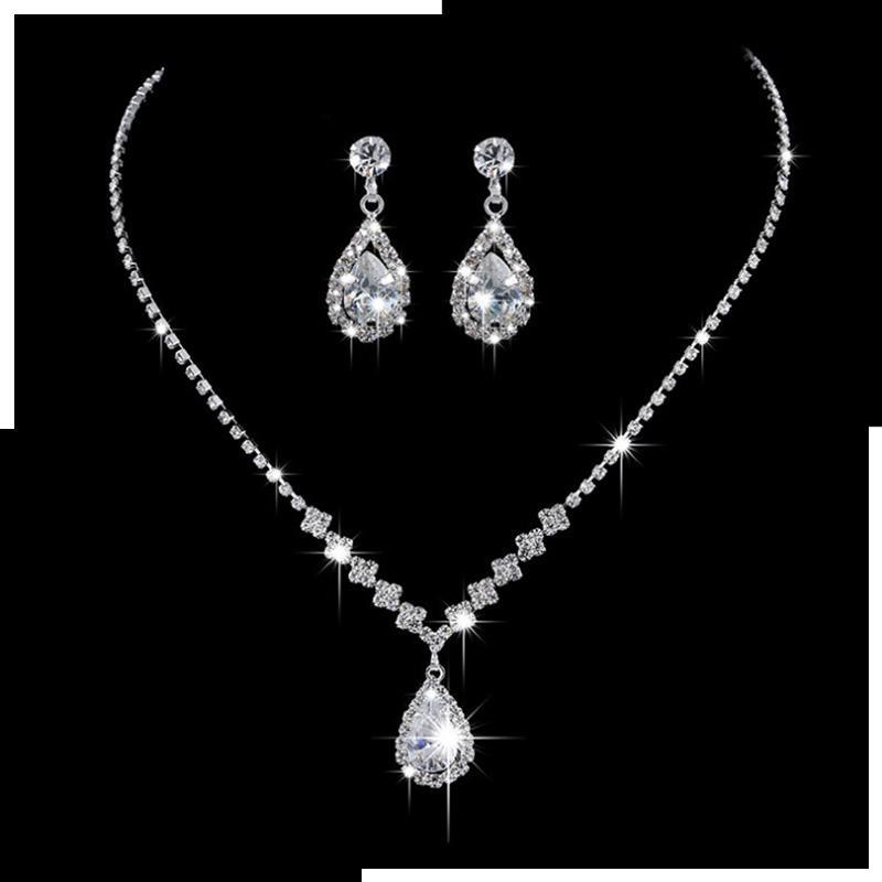 【 Ady】สร้อยคอจี้ทรงหยดน้ำคริสตัลแนววินเทจชุดเครื่องประดับสำหรับงานแต่งงานสีเงิน