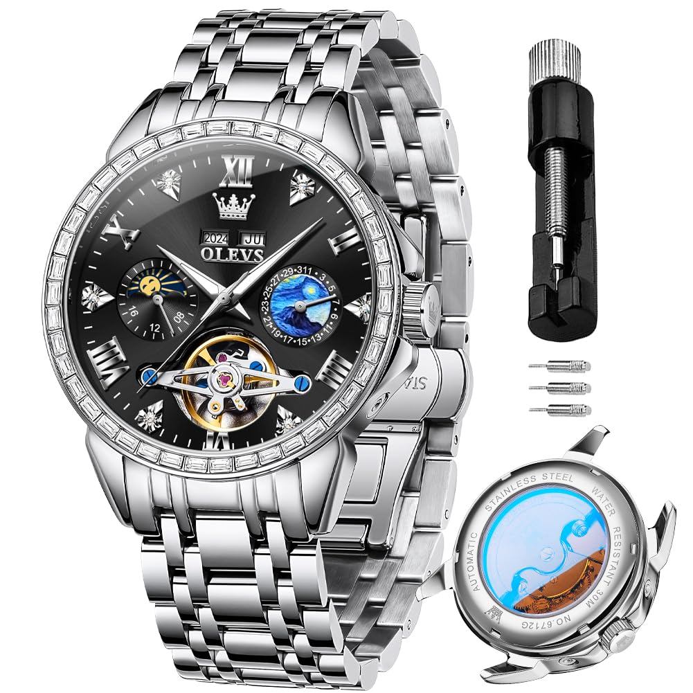 OLEVS Men's Watch Automatic Mechanical Skeleton Diamond Popular Calendar Waterproof Date Luminous Wa