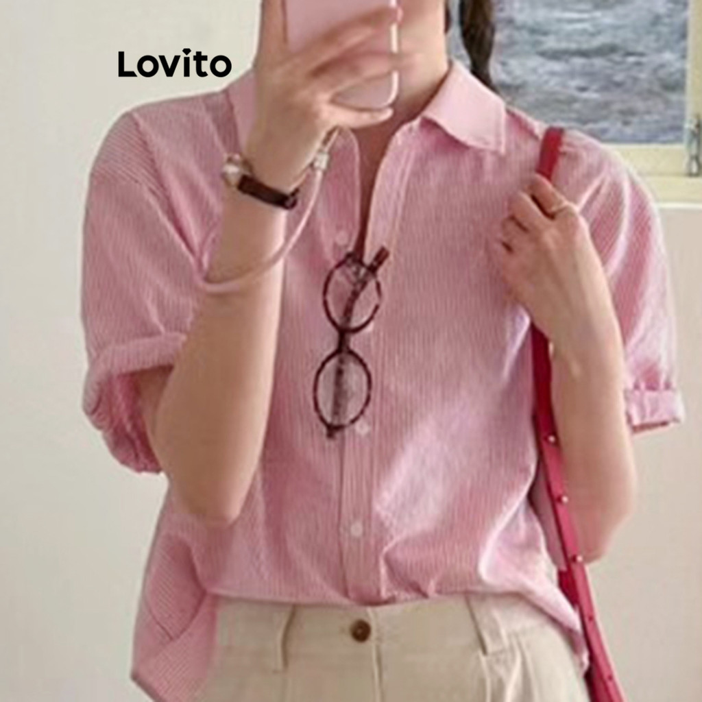 Lovito เสื้อลําลองเสื้อโบว์กระดุมลายทางสําหรับผู้หญิง LAD106666 ราคา ถูกที่สุด ดีลบีเคเค แกลเลอรีภาพที่ 3