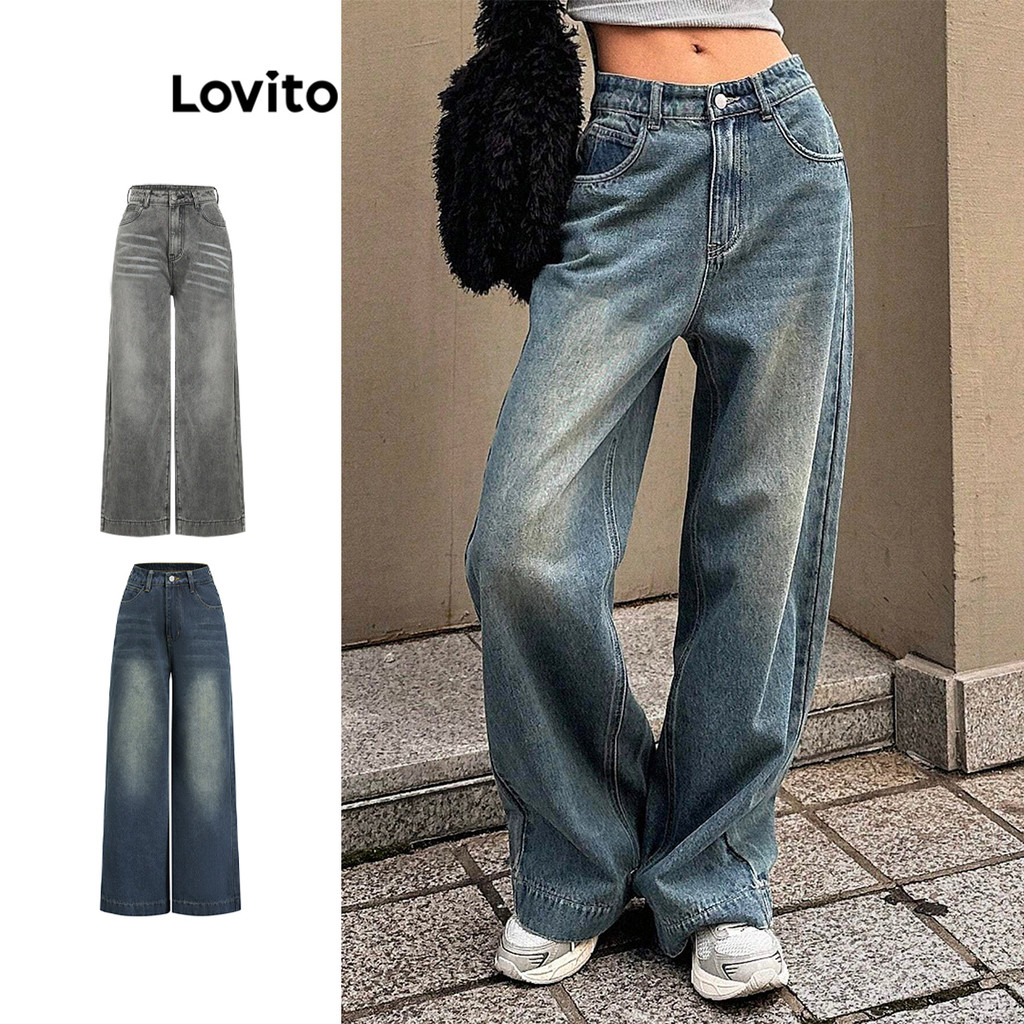 Lovito กางเกงยีนส์ทรงลำลองผู้หญิง ทรงเรียบ มีกระเป๋าหน้า ทรงหนวดแมว สวมใส่ได้ทุกฤดูกาล รุ่น Lba82172