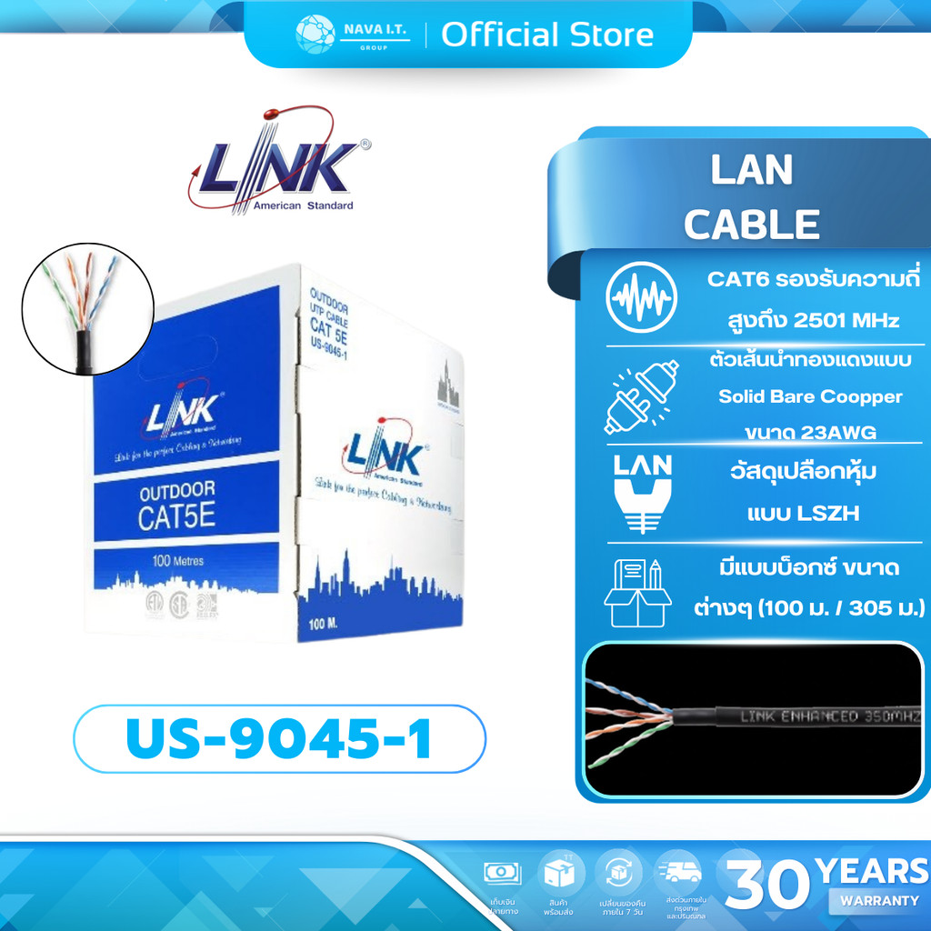 LINK US-9045-1 CAT5E UTP PE OUTDOOR (DOUBLE JACKET) 100M/E BLACK LAN CABLE รับประกัน 30ปี