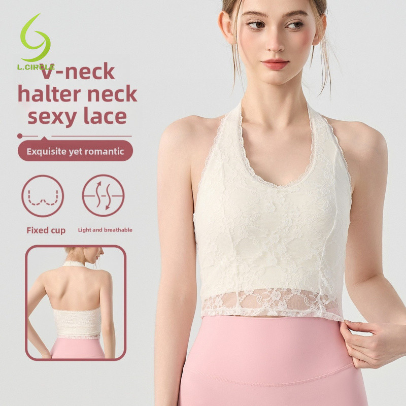 L.CIRCLE Yoga Sport Bra Lace เซ็กซี่คอวี Halter หลังสวย