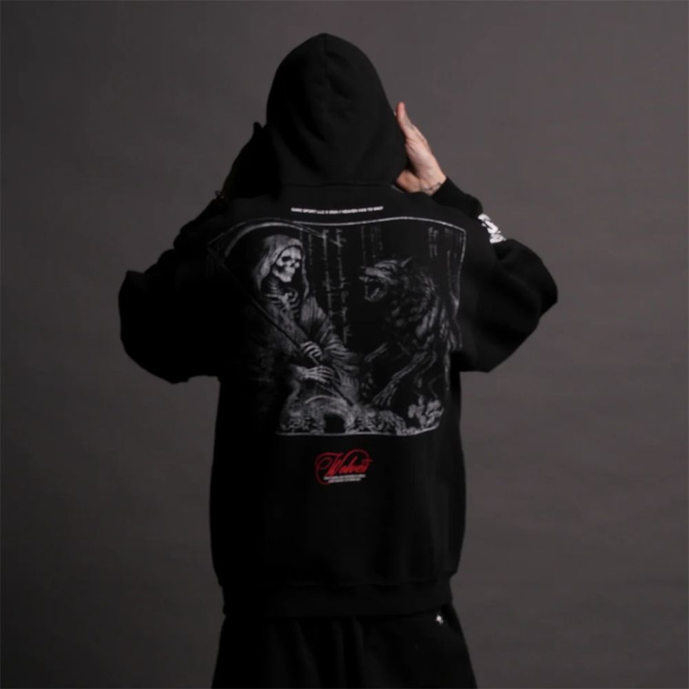 DARCSPORT Street Wear ฤดูหนาวใหม่ Retro Skull Wolf สีดำ เสื้อกันหนาวแบบฮอดดี้