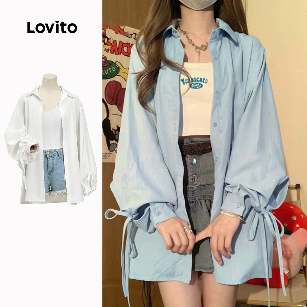 Lovito เสื้อลําลองเสื้อตัวยาวแขนพัฟแบบผูกเชือกธรรมดาสําหรับผู้หญิง LNE21290 (หลากสี)