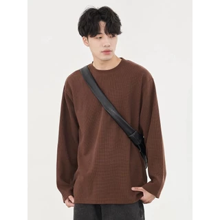 Chaistyle แขนยาวผู้ชาย วาฟเฟิล เสื้อคอกลม ชุดคู่รัก แบบหลวม แมทช์ลุคง่าย