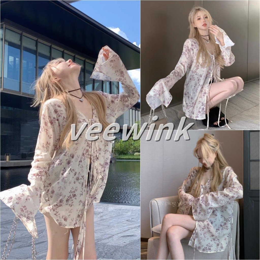 Veewink เสื้อเชิ้ตจีนลายดอกไม้ แขนยาวระฆัง ความยาวกลาง Oversize เนื้อผ้าบางเบากันแดด สไตล์ฝรั่งเศส ใส่สบาย