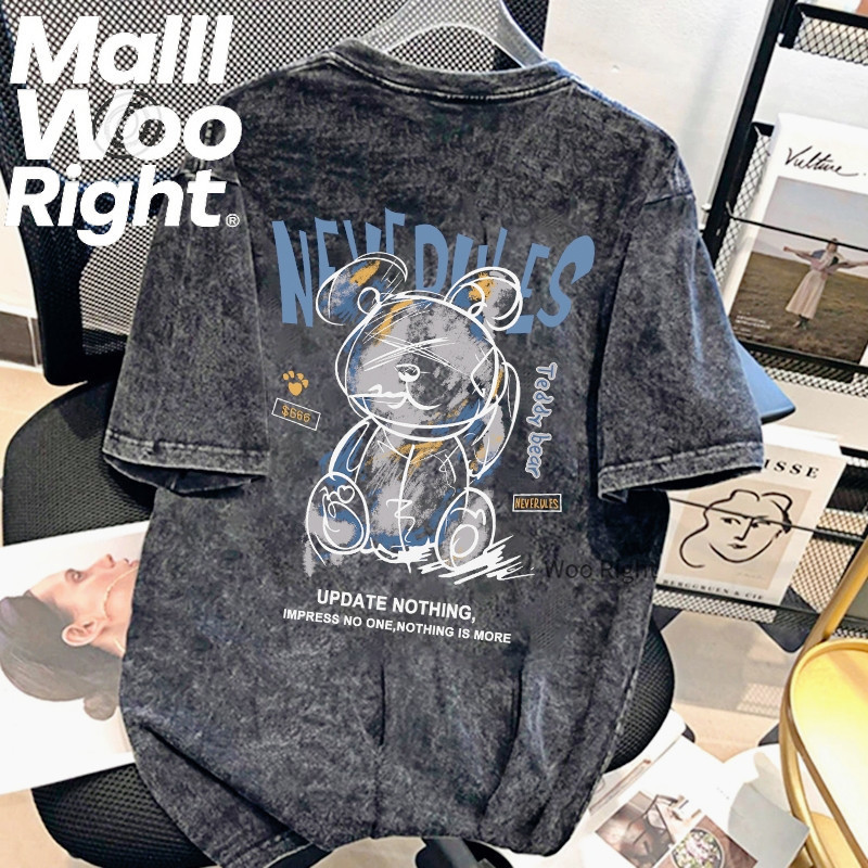 Woo Right  ของใหม่ ลายการ์ตูนน่ารักหลวม แฟชั่น วินเทจ เสื้อฟอก ใส่ได้ทั้งชาย-หญิง แขนสั้น คอกลม ทรงหลวม oversize cotton